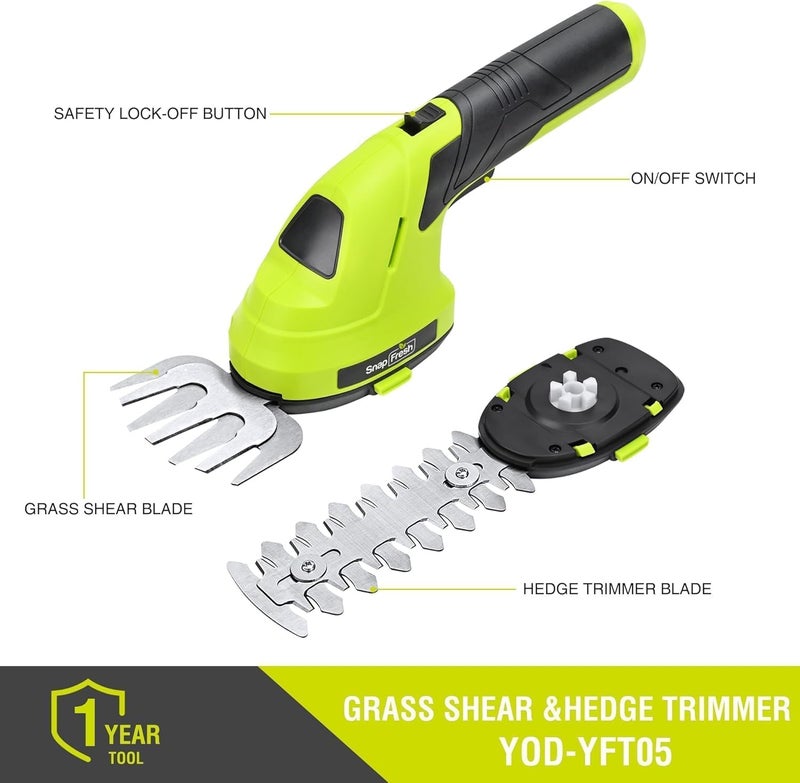 SnapFresh Hedge Trimmer Cordless Grass Shear, 2 in 1 Electric Grass Trimmer and Hedge Shears, Handheld Bush Trimmer/Grass Cutter/Shrub Trimmers with Battery for Garden & Lawn, USB-C Cable Included - Image 2